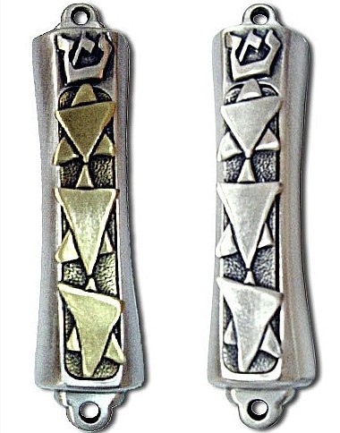 Gold Mezuzah with Three Stars of David and Hebrew Letter Shin