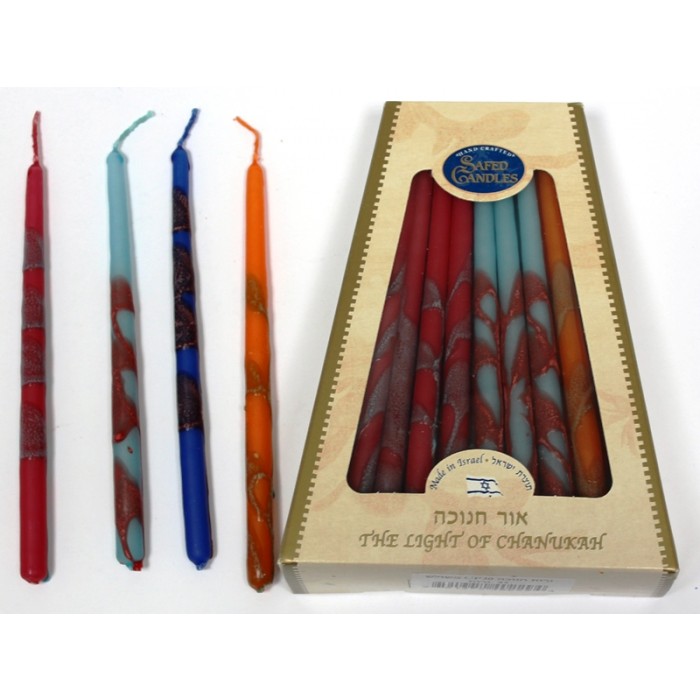 Red, Blue, Turquoise and Orange Wax Hanukkah Candles from Safed Candles