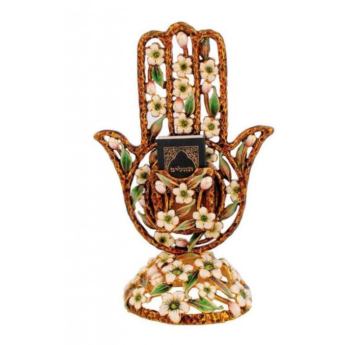 Brown Hamsa with White Floral Pattern, Gold Plating, Crystal and Tehillim Book