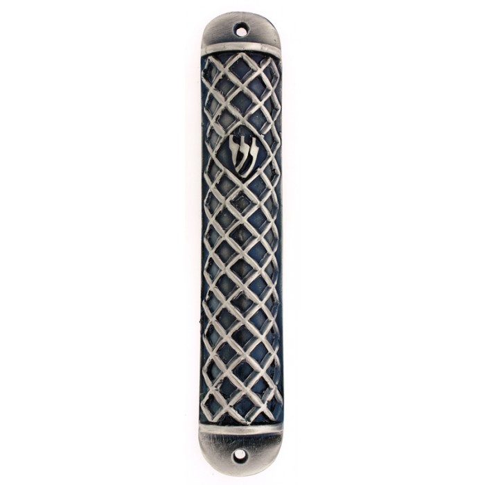 Pewter Mezuzah with Diamond Pattern and Traditional Hebrew Letter Shin