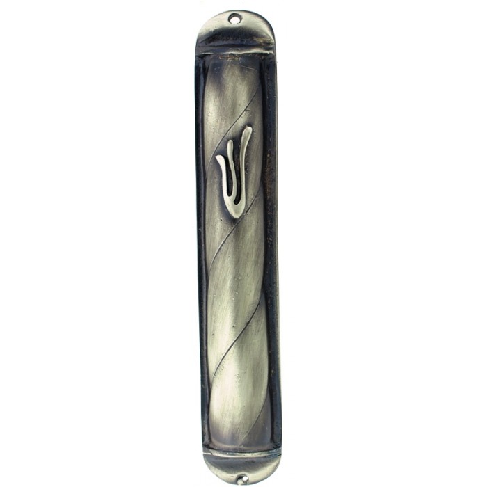Pewter Mezuzah with Hebrew Letter Shin, Twist Pattern and Inscribed Lines