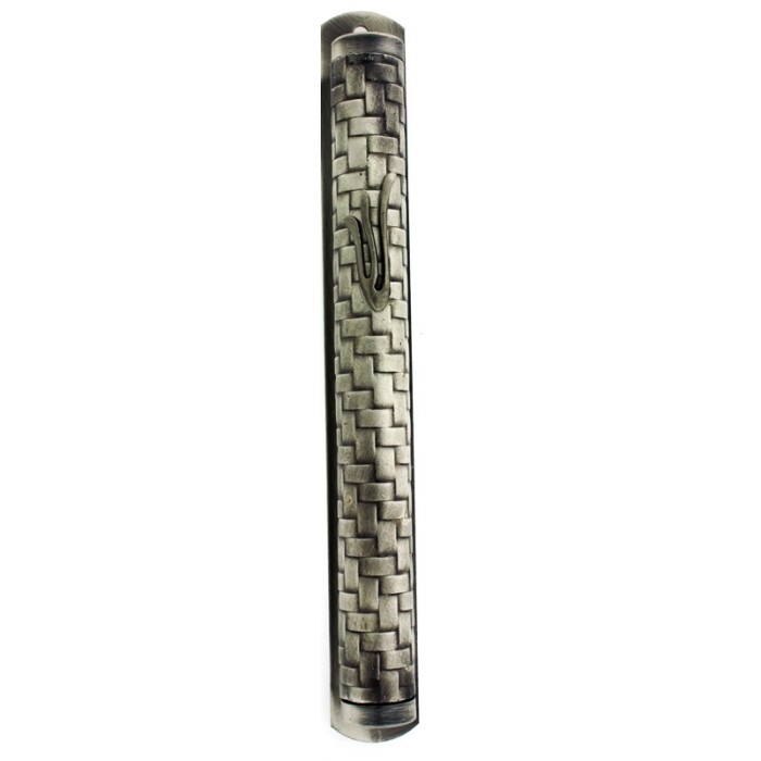 Pewter Mezuzah with Stylized Hebrew Letter Shin and Woven Pattern