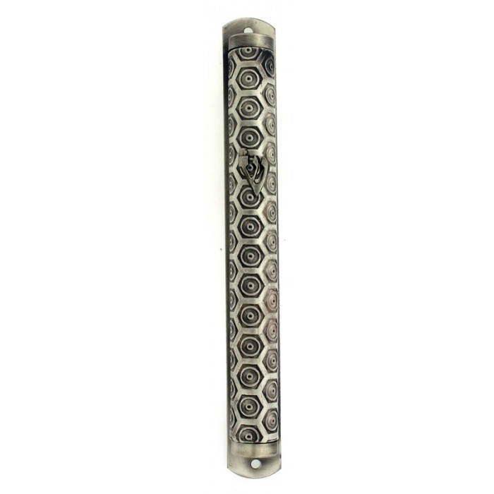 Pewter Mezuzah with Hexagons, Concentric Circles and Hebrew Letter Shin