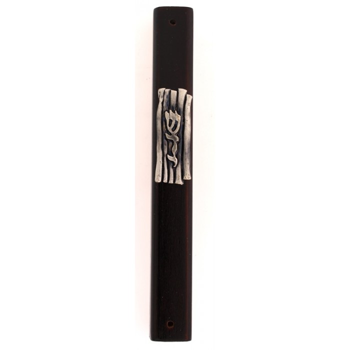 Dark Brown Wood Mezuzah with Pewter Plaque, Inscribed Lines and Divine Name