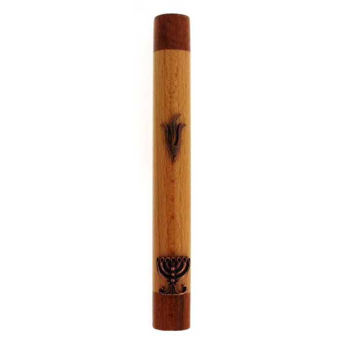 Two-Tone Brown Mezuzah with Copper Hebrew Letter Shin and Seven-Branch Menorah