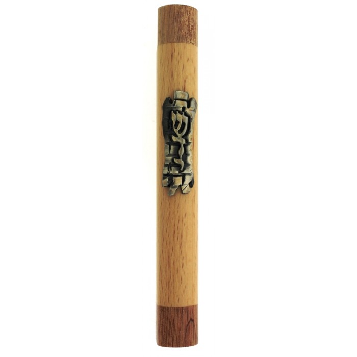 Two-Tone Wood Mezuzah with Pewter Divine Name in Hebrew and Jerusalem Walls