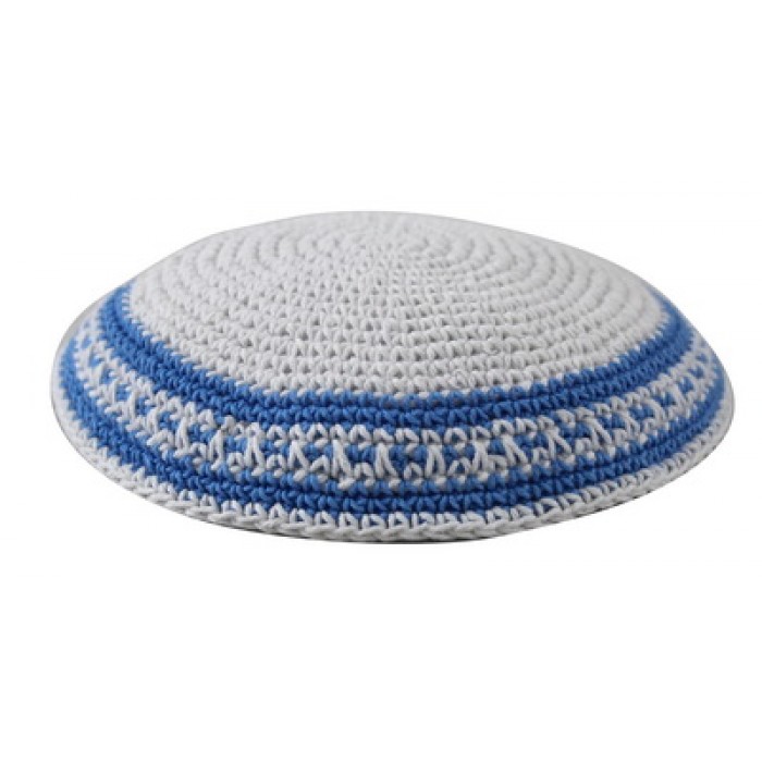 White Knitted Kippah with Thick Light Blue Stripes and Dotted Line