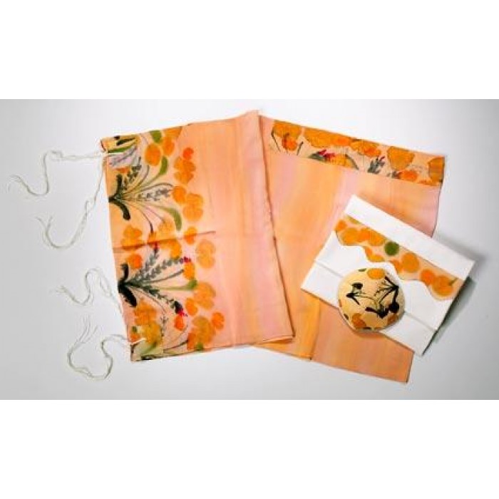 Peach Women’s Tallit with Floral Design by Galilee Silks