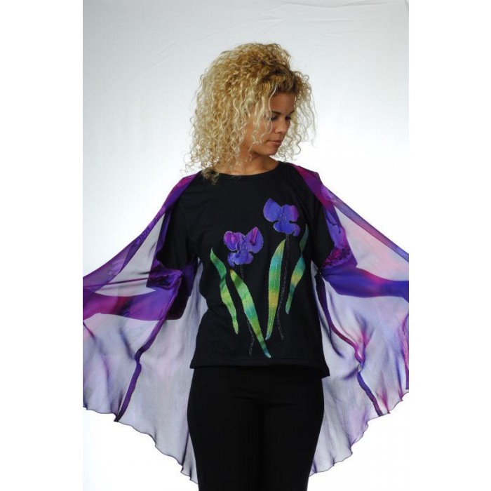 Black T-Shirt with Irises & Silk Purple Vest by Galilee Silks