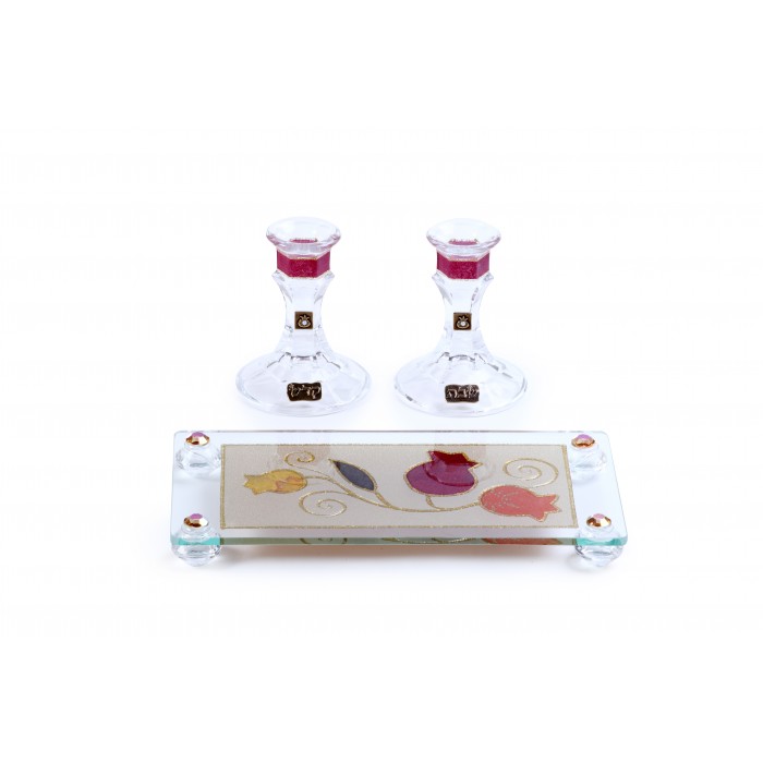 Crystal Shabbat Candlesticks with Maroon, Pomegranate Floral Design and Tray