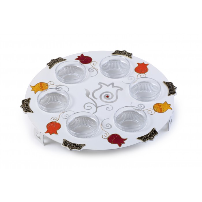 Stainless Steel Seder Plate with Orange, Yellow and Maroon Pomegranates 