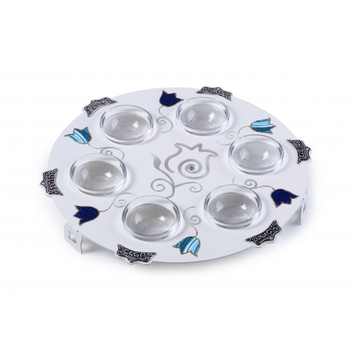 Stainless Steel Seder Plate with Blue Striped Flowers