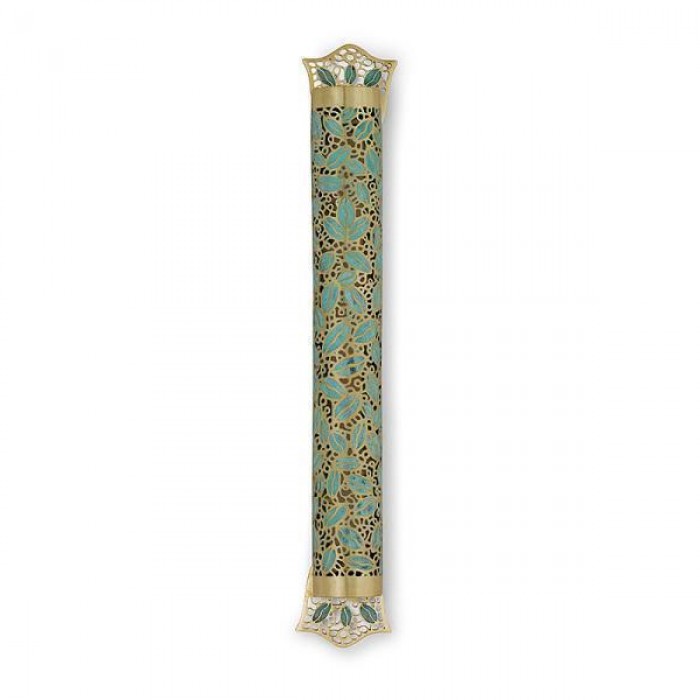 Brass Mezuzah with Floral Mounting Pieces and Patina Leaves