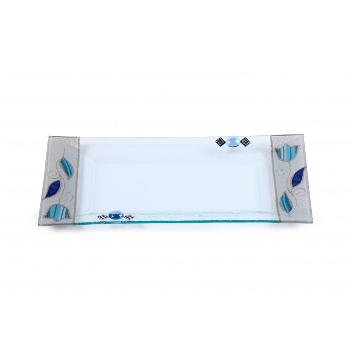 Glass Serving Tray with Blue Striped Flowers and Glass Beads
