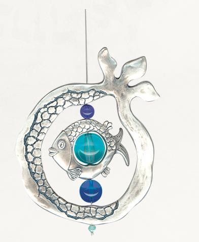 Silver Pomegranate and Fish Wall Hanging with Concentric Design and Blue Beads