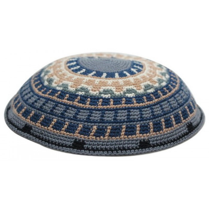 Gray DMC Knitted Kippah with Blue, Green and Brown Stripes