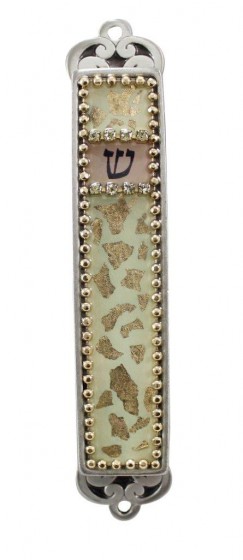 Mezuzah in Off White With Gold Flecks and Black Shin on Beige Background