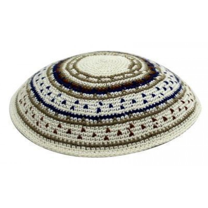 Hand Knitted Kippah with Brown and Blue Stripes (18 cm)