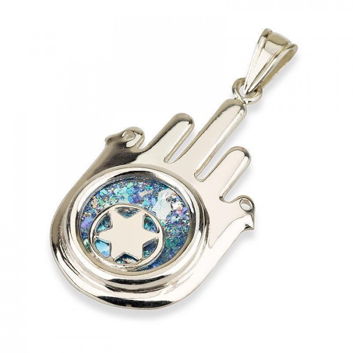 Hamsa Amulet in Silver with Star of David on Roman Glass