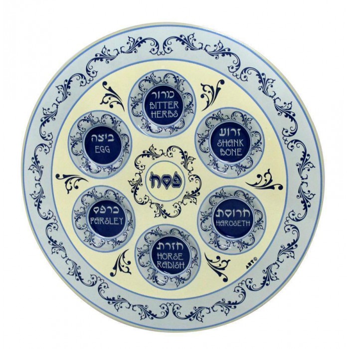 Seder Glass Plate in Blue & Beige