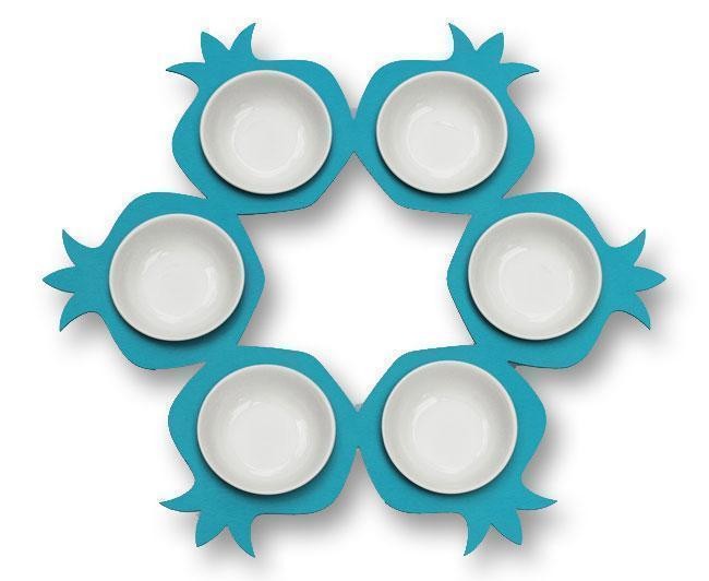 Seder Plate with Cut-out Pomegranates in Blue & White Porcelain Cups