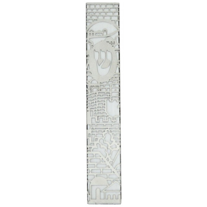 Aluminum Mezuzah with Shin and Cutout Jerusalem Design in 12 cm