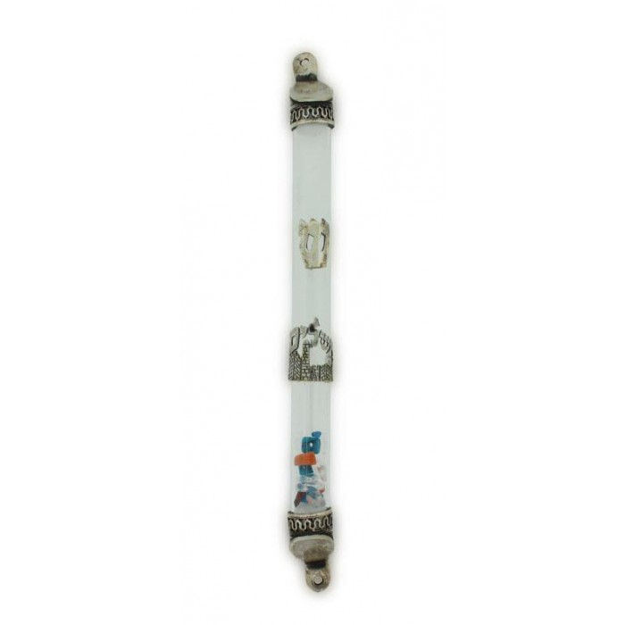 Sterling Silver Mezuzah with Jerusalem Design and Colorful Stones