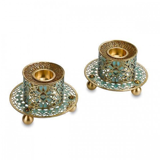 Brass Candle Holders & Base with Turquoise Leaves