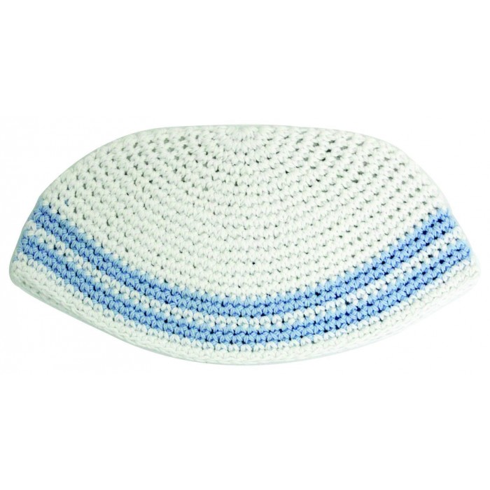 Kippah with Frik Design in White with Light Blue Stripes