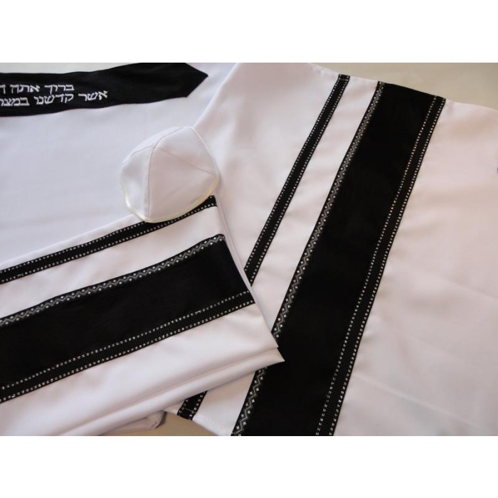 Tallit in White & Black with Silver Embroidery by Galilee Silks