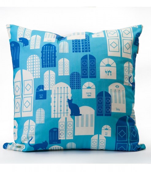Cushion with Jerusalem Doors Design in Light and Dark Blue