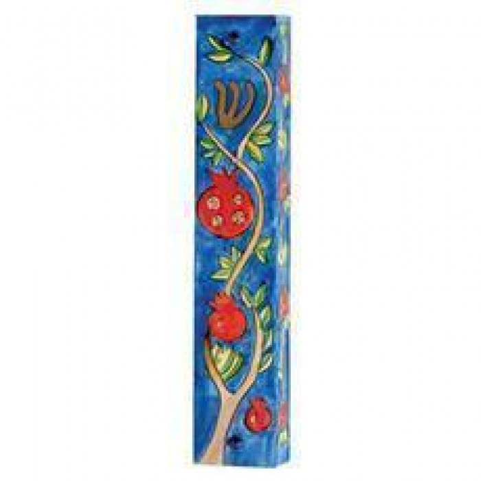 Hand painted Mezuzah with Pomegranates in Wood-Yair Emanuel