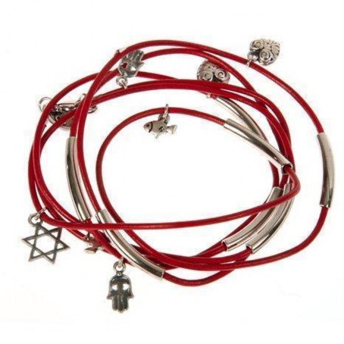 Red Leather Bracelet with Silver Charms in 18cm
