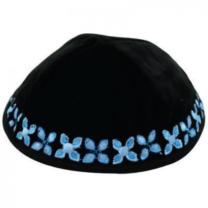Knitted Kippah in Black Velvet with Blue Floral Embroidery