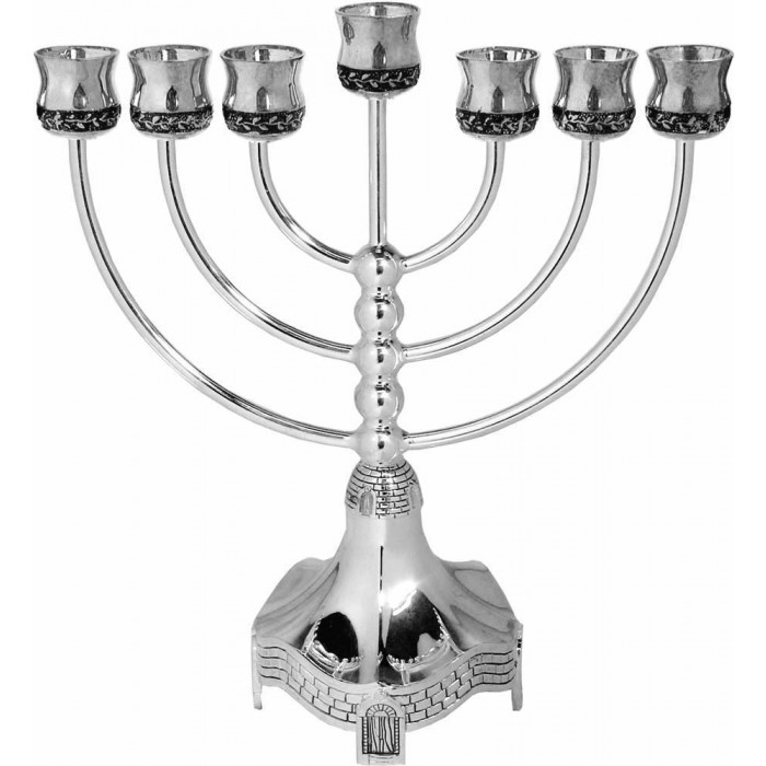 Silver Plated Menorah with Jerusalem & Leaves 