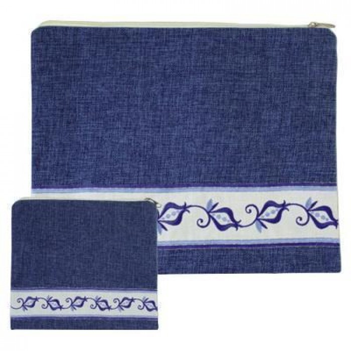 Tallit & Tefillin Bags Set in Blue Linen with Pomegranates