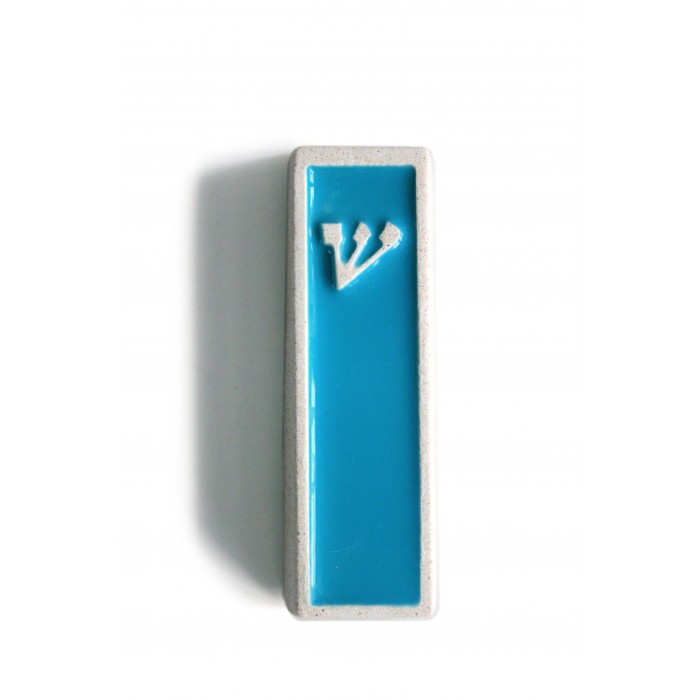 Mezuzah in Gray Concrete with Blue Center and Hebrew Shin