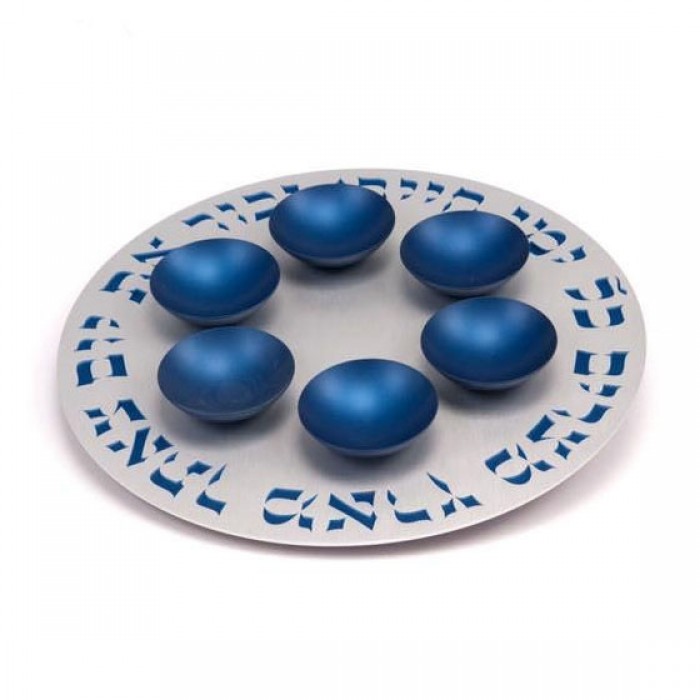 Blue Aluminum Seder Plate with Hebrew Text and Six Bowls