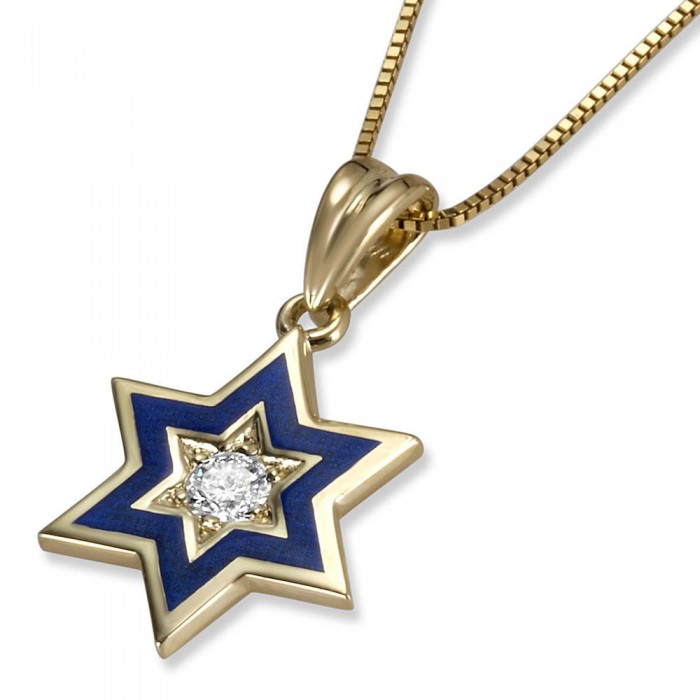 Star of David Pendant in 14k Yellow Gold & Blue Enamel with Center Round Diamond 