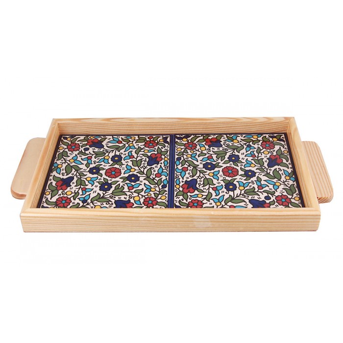 Armenian Ceramic Tray with Wooden Border and Floral Design