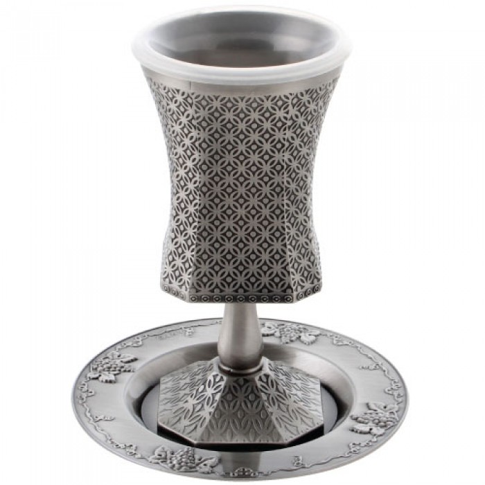 Kiddush Cup with Saucer in Pewter with Grapevine and Circular Pattern