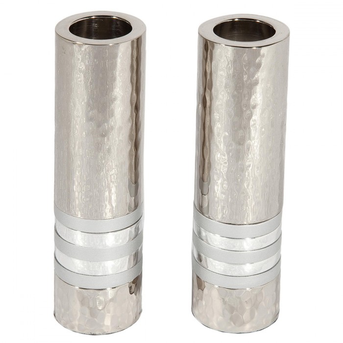 Hammered Nickel Shabbat Candlesticks in Cylinder Shape with White Ring by Yair Emanuel