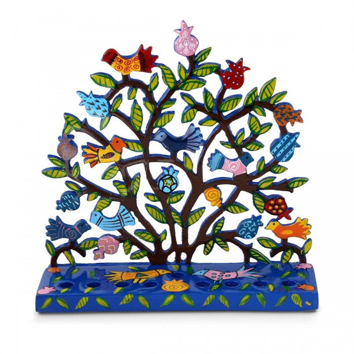 Yair Emanuel Tree of Life Menorah with Birds and Pomegranates in Lazer-Cut Metal