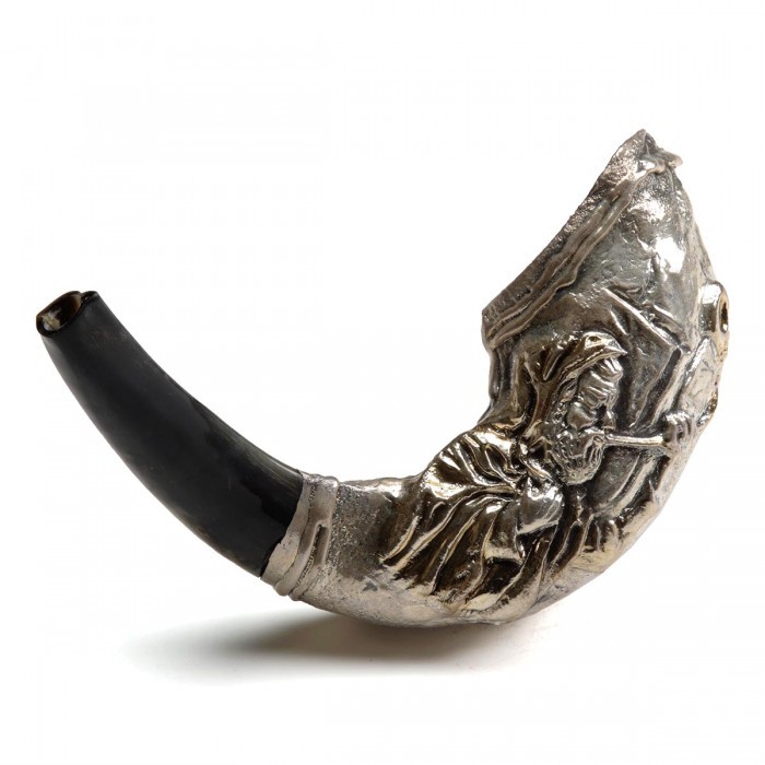 Polished Ram Horn Shofar with Sterling Silver Decorative Plates (Man Blowing Shofar)