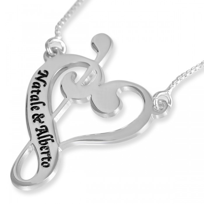 Sterling Silver English/Hebrew Name Necklace With Musical Heart Design