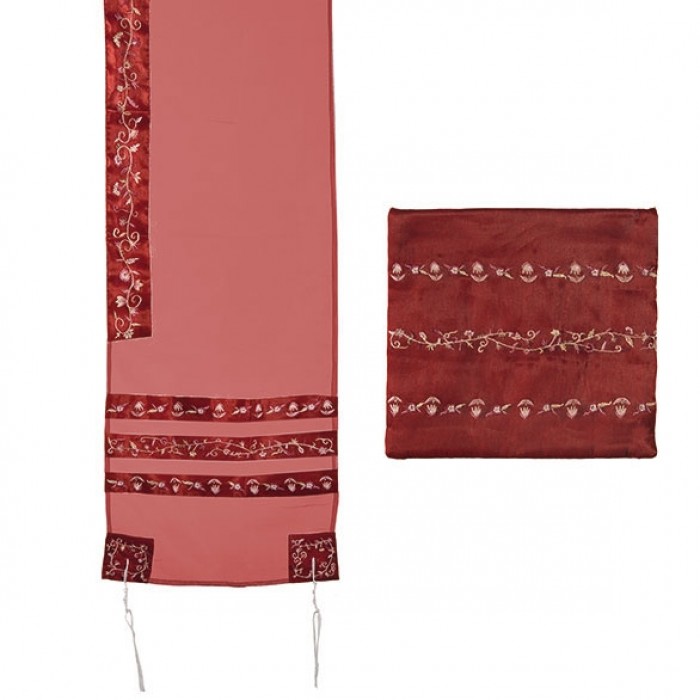 Red Floral Embroidery Organza Tallit with Bag by Yair Emanuel