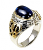 Rafael Jewelry Sterling Silver Ring with Yellow Gold Lion of Judah & Jerusalem Motif and Sapphire