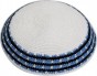 White Knitted Kippah with Alternating Black and Blue Stripes