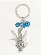 Silver Hamsa Keychain with Spread Fingers and Blue Hanging Charms