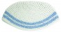 Kippah with Frik Design in White with Light Blue Stripes